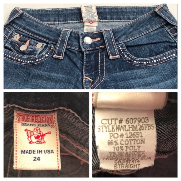 True Religion medium wash rose stitch straight jeans with crystal back pockets - Picture 7 of 16